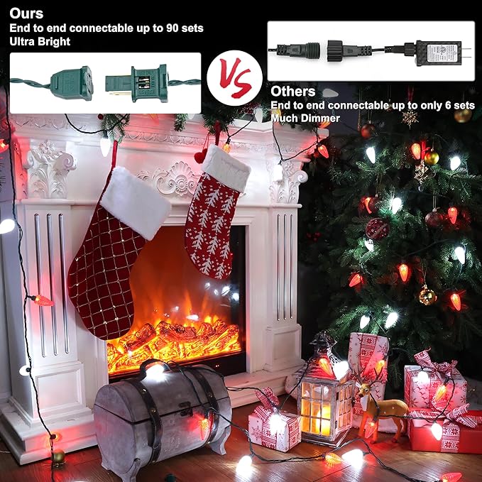 Brizled Red & White String Lights, 16.5FT 25 LED C9 Christmas Lights, Connectable Xmas Tree Light, Waterproof Strawberry String Light for Indoor Roof Garden Patio Pathway Tree Valentine's Day Party