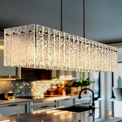 Modern Black Rectangle Chandelier, 48" Dining Room Chandelier with Water Ripple Glass, Linear Crystal Chandeliers for Dining Room, Living Room, Kitchen Island