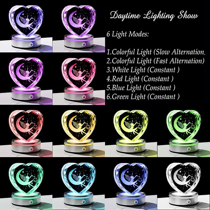 Qianwei Fairy Decor for Women 3D Crystal Heart - Laser Moon Gifts Glass Animals Fairy Lamp Figurines Statue Stuff for Room Decorations Night Light