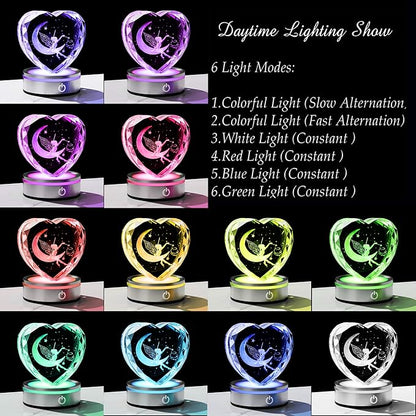Qianwei Fairy Decor for Women 3D Crystal Heart - Laser Moon Gifts Glass Animals Fairy Lamp Figurines Statue Stuff for Room Decorations Night Light