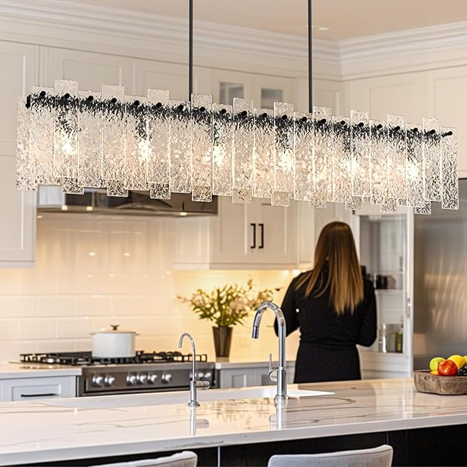Modern Black Rectangle Chandelier, 48" Dining Room Chandelier with Water Ripple Glass, Staggered Design, Linear Crystal Chandeliers for Dining Room, Living Room, Kitchen Island