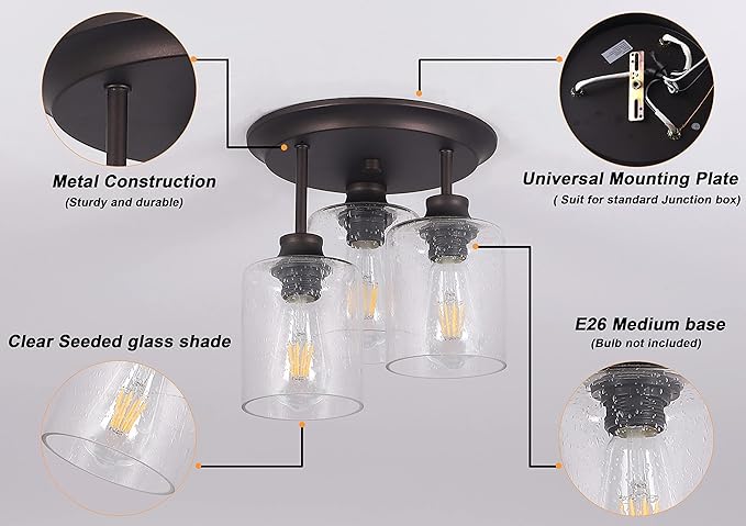 Semi Flush Mount Ceiling Light with Seeded Glass Shades for Kitchen Hallway and Dining Room, 3-Lights Rustic Ceiling Light Fixtures in Oil Rubbed Bronze.