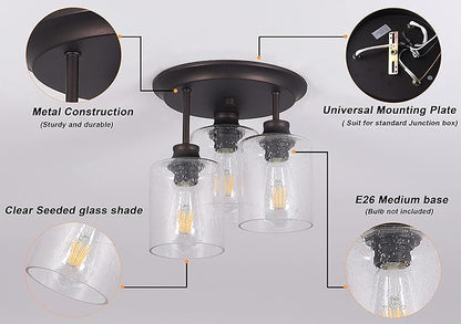 Semi Flush Mount Ceiling Light with Seeded Glass Shades for Kitchen Hallway and Dining Room, 3-Lights Rustic Ceiling Light Fixtures in Oil Rubbed Bronze.