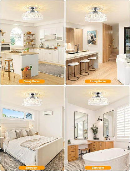 Semi Flush Mount Ceiling Light, 12 Inch Large Silver Ceiling Light Fixture, 3-Light Globe Glass Farmhouse Kitchen Lighting Fixtures for Bathroom, Hallway, Dining Room (Bulb Not Included)