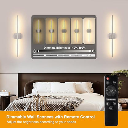 Morauroral Battery Operated Wall Sconces Set of 2, Dimmable Battery Wall Sconce with Remote Control, Sand-Nickel LED Rechargeable Sconces, 30 Inch Modern Wireless Wall Lights for Bedroom, Living Room