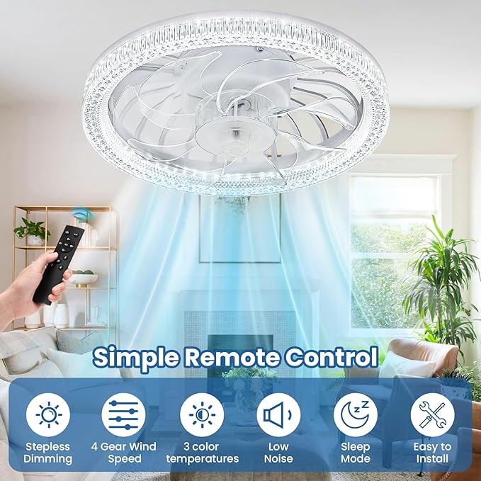Ceiling Fans with Lights,Socket Fan Light with Remote Control,E26 Dimmable Brightness 3000K-6500K Memory,4 Fan Speeds,2200 Lumens LED Quiet Ceiling Fans Perfect for Small Spaces, Bedroom, Home Offices