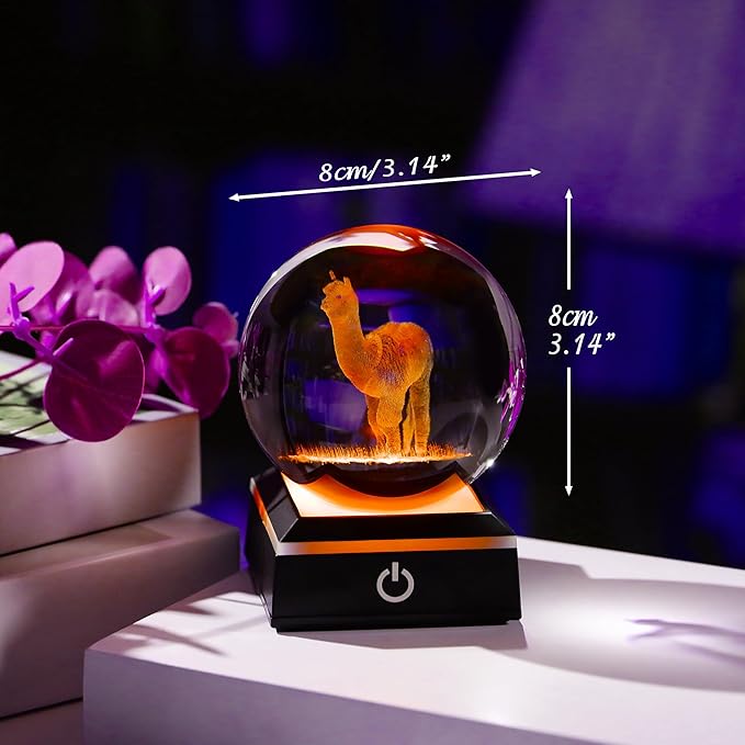 Llama Gifts for Women 3D Crystal Ball with 7-Color Changing Base - Llama Stuff Statue Home Decor - Glass Llama Figurine for Shelf Desk Office or Bedroom