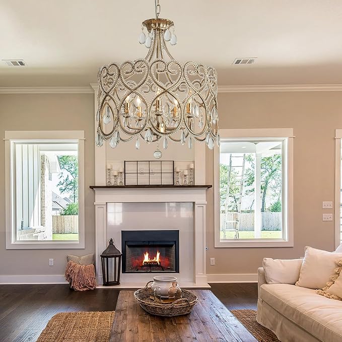 KSRYSZCQ 5-Light Crystal Chandelier 20“ French Country Chandelier Antique Silver Drum Chandelier for Dining Room Bedroom Living Room Kitchen Island