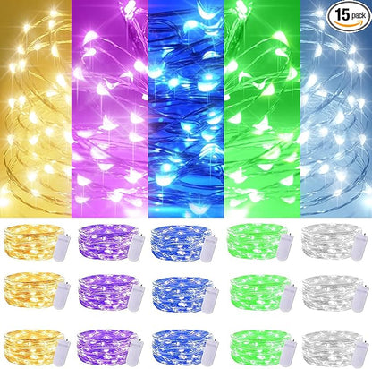 SmilingTown Christmas Fairy String Lights,15 Packs 20 LEDs Battery Operated 6.6FT Silver Copper Wire Starry String Light for DIY Bottle Jars Costume Wedding Party Easter Table Decorations (5 Colors)