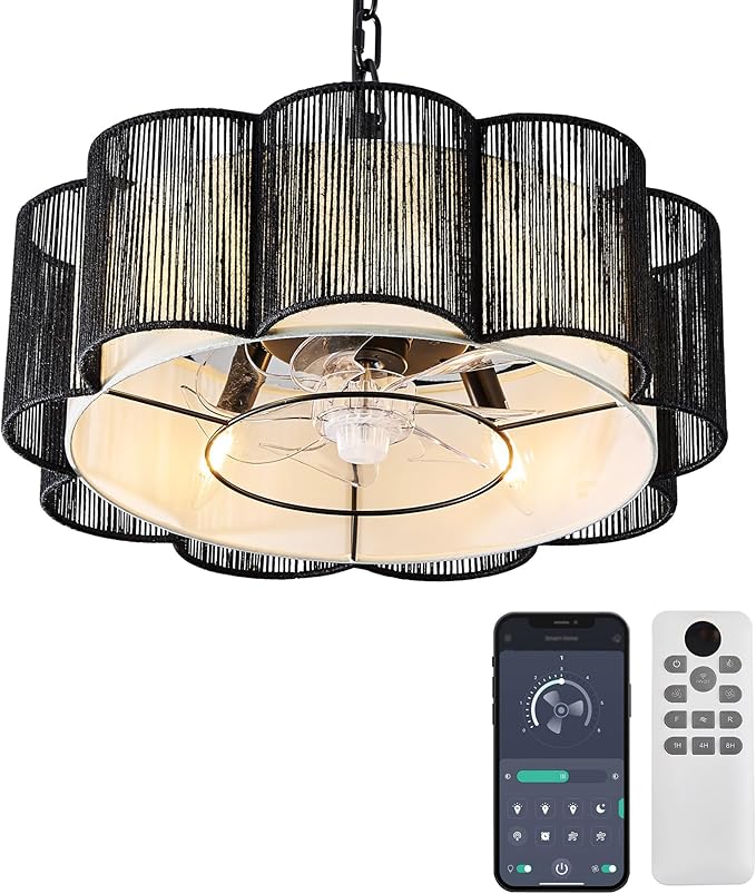 20" Rattan Ceiling Fan, 4-Lights Caged Fandelier Ceiling Fan with Remote and App Control, Drum Lampshade, Boho Chandelier with Fan for Dining Room, Bedroom, Kitchen (Black Farmhouse)