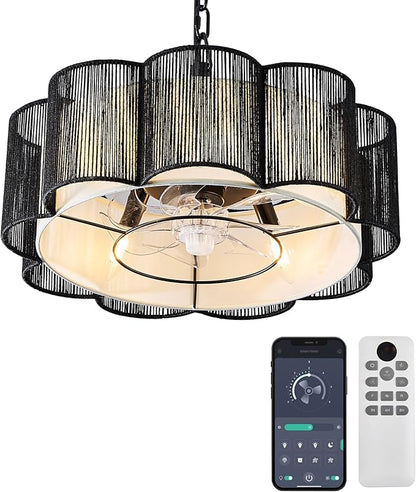 20" Rattan Ceiling Fan, 4-Lights Caged Fandelier Ceiling Fan with Remote and App Control, Drum Lampshade, Boho Chandelier with Fan for Dining Room, Bedroom, Kitchen (Black Farmhouse)