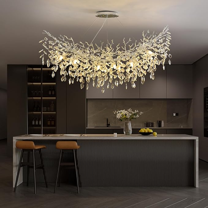 Rectangle Crystal Tree Branch Chandelier, L47.3'' Mpdern Luxury Chrome Linear Art Deco Raindrop Pendant Lighting Fixture for Kitchen Island Foyer Living Room Dining Room 14 Lights