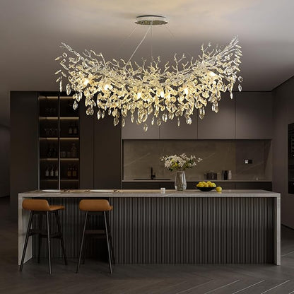 Rectangle Crystal Tree Branch Chandelier, L47.3'' Mpdern Luxury Chrome Linear Art Deco Raindrop Pendant Lighting Fixture for Kitchen Island Foyer Living Room Dining Room 14 Lights