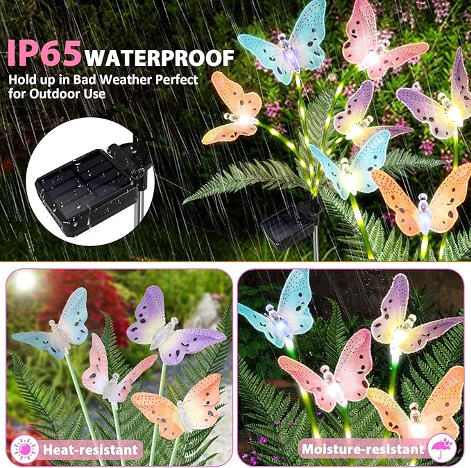 Weepong Solar Garden Lights 4 Pack Waterproof Decorative Solar Lights Outdoor with Glowing Stems,7-Color Changing ‎Fiber Optic Butterfly Light for Outside Yard Lawn Garden Decor, Gifts for Women