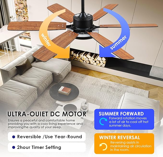 Hounberi 52 Inch Ceiling Fans with Lights and Remote, Modern Black Ceiling Fan with Light, Quiet DC Reversible Motor, 3CCT Dimmable LED Light, Black & Wood Hanging Fan for Bedroom, Living Room