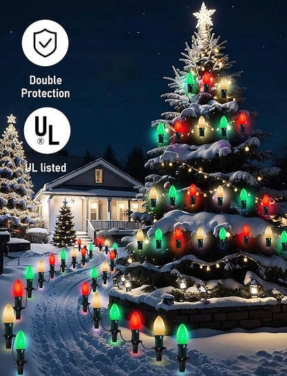 50Ft C9 LED Christmas Lights Outdoor, Vintage Christmas String Light Plug in with 52 Shatterproof C9 Red White Green Bulbs Christmas Decorations Lights for Indoor Christmas Tree Patio Roofline Party