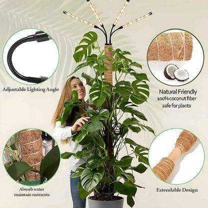 Grow Lights with Moss Pole for Indoor Plants, Full Spectrum LED Plant Light with Auto 3/9/12H Timer, Adjustable Height 15-54", Plant Lights Coco Coir Pole for Monstera, Philodendron, Climbing Plants