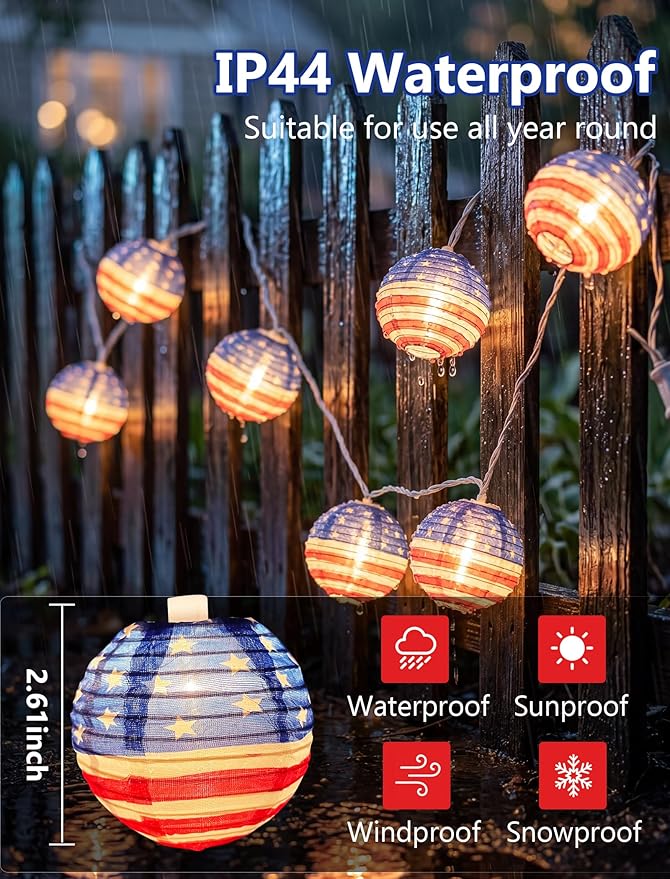 American Flag Lantern Lights Plug in, 8.5Ft 4th of July Decorations String Lights with 10 Mini USA Flag Lantern Lights, Hanging Indoor String Lights for Outdoor Independence Day Patriotic Party Decor