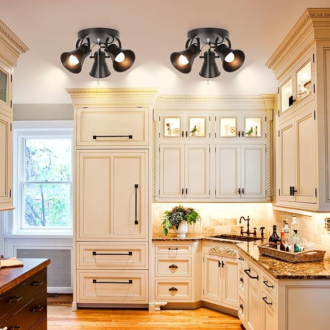 3-Light Industrial Track Lighting with Pull Chain On/Off Switch, Adjustable Round Kitchen Ceiling Light, Morden Black Flush Mount Directional Light for Kitchen, Hallway, Dining Room, Bathroom