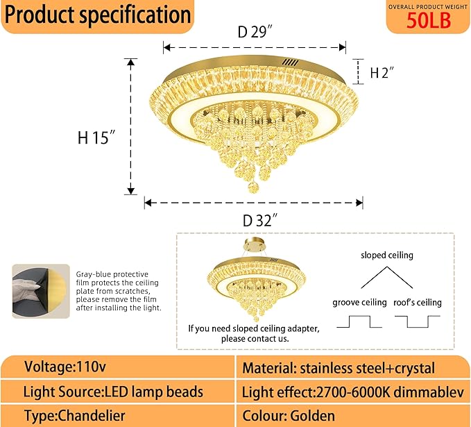 Modern LED Crystal Chandelier, Large Round Raindrop Chandelier for Living Dining Room 32in Gold Flush Mount Ceiling Light Kitchen Island Bar