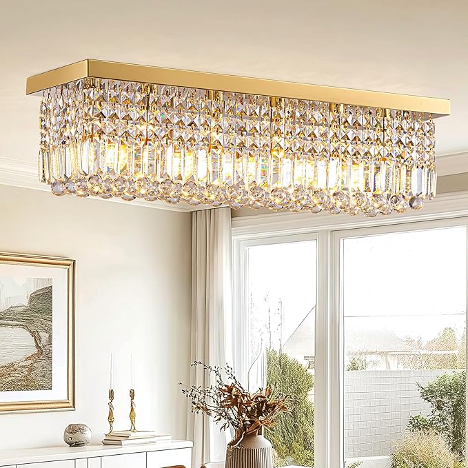 Modern Crystal Chandeliers for Dining Room Light Fixture, 6-Light Gold Rectangle Chandelier Ceiling Light for Kitchen Island Living Room, L31.5 Inch