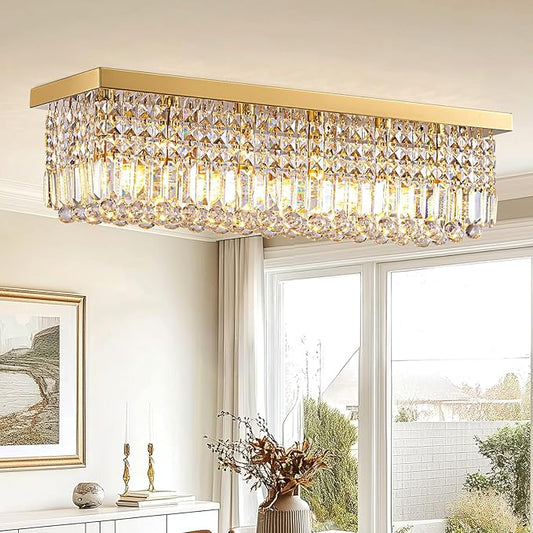 Modern Crystal Chandeliers for Dining Room Light Fixture, 6-Light Gold Rectangle Chandelier Ceiling Light for Kitchen Island Living Room, L31.5 Inch