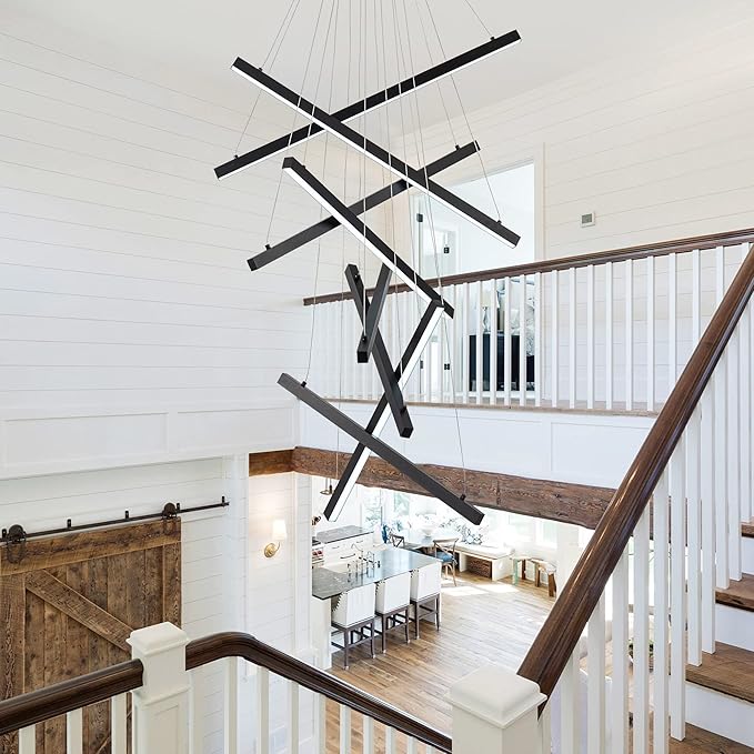 Modern Led Chandelier, High Ceiling Chandelier, Linear Chandelier 8 Lights Black Dimmable Large Pendant Light 98.4" for Living Room Staircase Entry Foyer Lobby Office Duplex 6000K Cool White