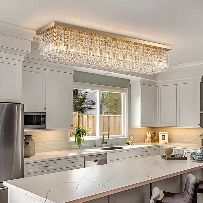 Gold Chandeliers,10-Lights Modern Crystal Chandelier, Rectangular Flush Mount Chandelier,Pendant Light Fixture for Dining Room Kitchen Room Bedroom Bathroom Hotel