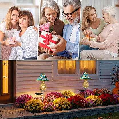 LOVERUIS Garden Statues with Solar Watering Can Lights, Cute Outdoor Garden Decor for Patio Yard Lawn Ornaments, Unique Gift for Women Mom Grandma (ARS-Mushroom Blue)