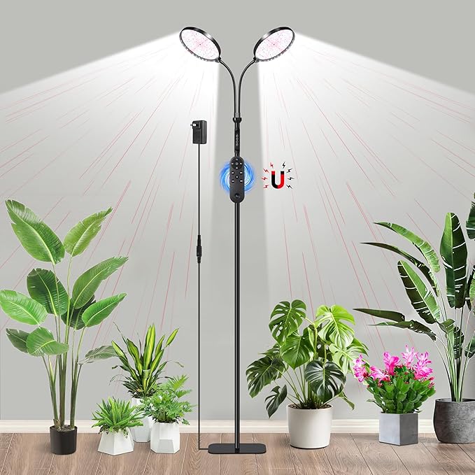 Plant Light for Indoor Plants, Red &White Light Full Spectrum Grow Lamp with Height Adjustable and Stand for Growing Large Tall Plants, Floor LED Grow Lamp with 4/8/12/18 Hour Timer &10 Dimming