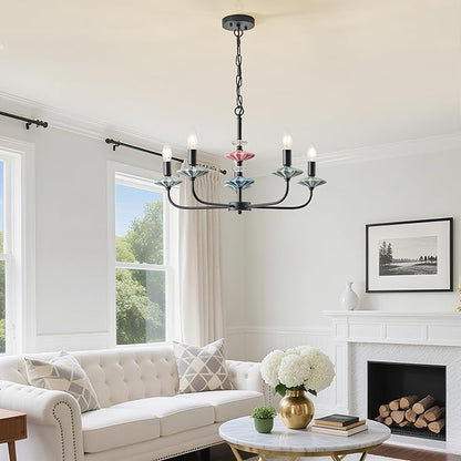 Black Chandeliers for Dining Room Light Fixture Over Table,5-Light Art Deco Chandelier, Modern Retro Candle Chandelier with Ceramic,Farmhouse Chandelier for Girls Bedroom，Living Room，Foyer