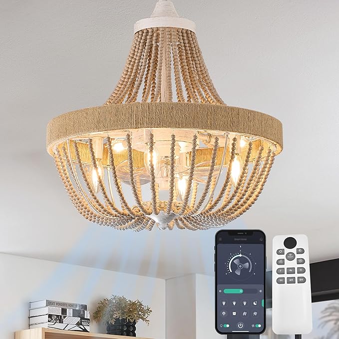 Vintage Bohemian Empire Chandelier Fan with 64 Wood Bead Strands, 7-Blade Invisible Fan, Antique White Gold Finish Ceiling Fan for Living Room, Bedroom(White Gold, 20'' Boho Style)