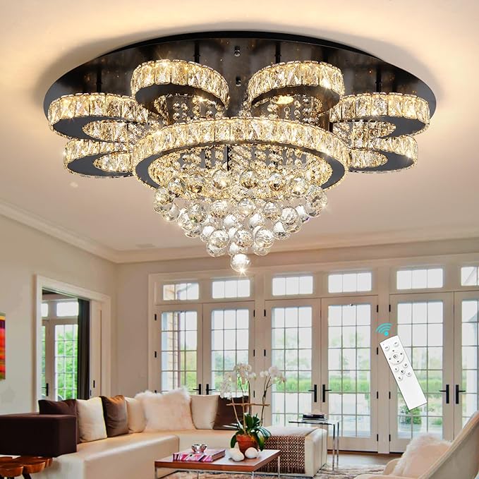 HAIXIANG Modern Chandelier Living Room Glam Chandeliers Ceiling Light Fixture Remote Dimmable Lights 32 Inches Luxury Crystal Black Light
