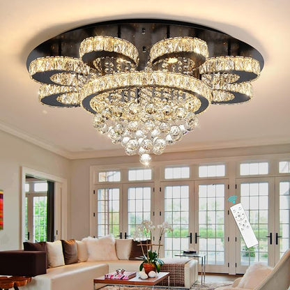 HAIXIANG Modern Chandelier Living Room Glam Chandeliers Ceiling Light Fixture Remote Dimmable Lights 32 Inches Luxury Crystal Black Light