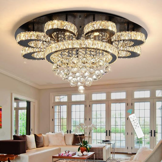 HAIXIANG Modern Chandelier Living Room Glam Chandeliers Ceiling Light Fixture Remote Dimmable Lights 32 Inches Luxury Crystal Black Light