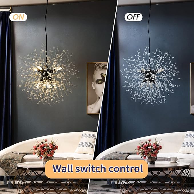 CM MZY Modern Crystal Chandeliers Firework, Matt Black Dandelion Sputnik Ceiling Light Fixtures, Sputnik Chandelier Pendant Light for Bedroom Living Room Dining Room Kitchen Island Hallway
