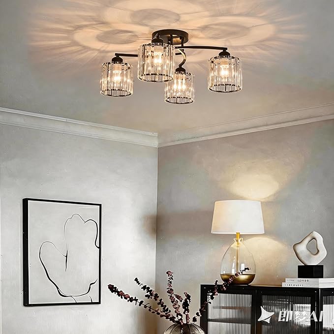 Crystal Chandelier, Modern Elegant Ceiling Light E26 Base Easy Installation Durable Metal Frame for Living Room Bedroom Dining Room, Black (Style B)