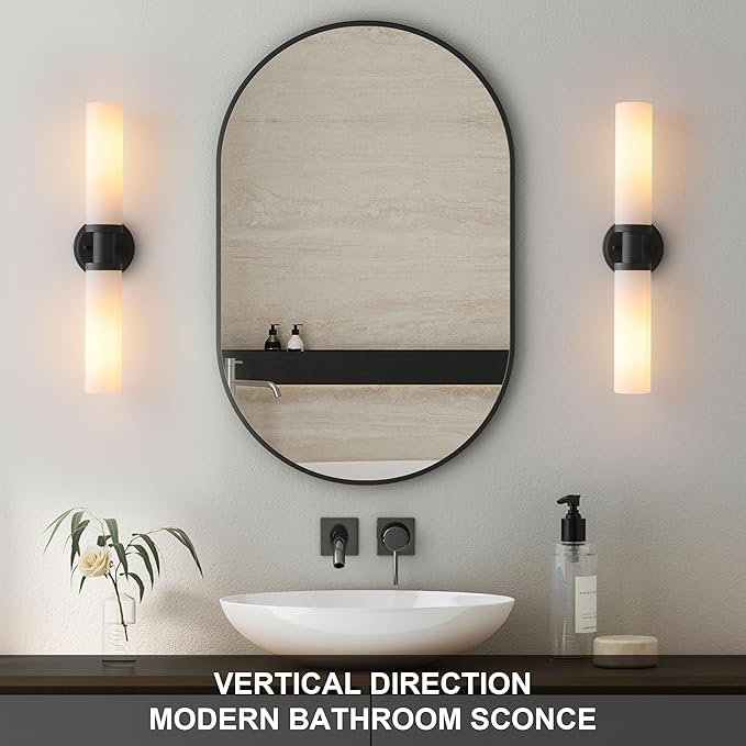 Wall Sconces Set of Two,Matte Black Bathroom Sconces Wall Lighting with White Glass, Modern Sconces Wall Decor Set of 2 Wall Light fixtures for Bathroom Mirror Living Room Hallway Bedroom Wall Lamp