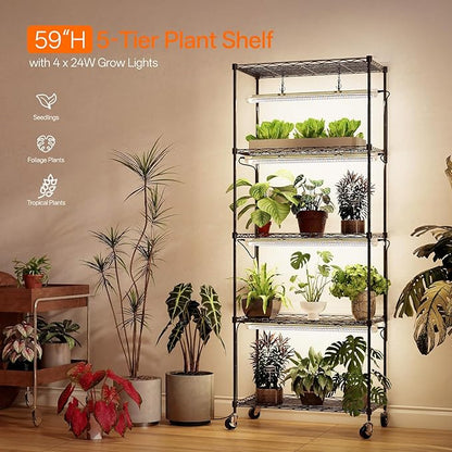 Bstrip Plant Stand with Grow Light, 5-Tier Plant Shelf with 4 Pack T8 Full Spectrum Grow Light for Indoor Plant Seed Starting, Winter to Spring Transition, Seed Tray, Timer & Wheels, 23.5"x13.8"x 59"