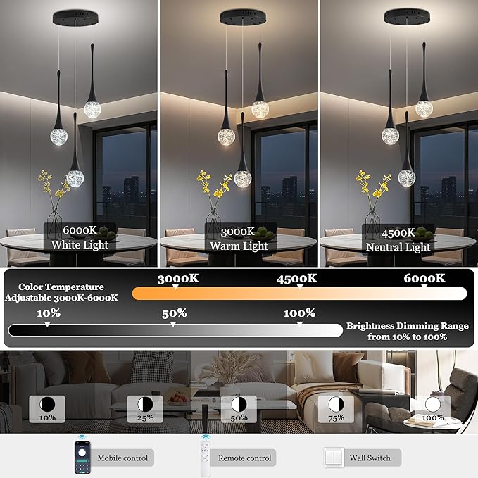 Modern Crystal Kitchen Island Chandelier 3-Lights Black, LED Dimmable Raindrop Indoor Lighting Fixture for Dining Room Foyer Entryway Remote Control