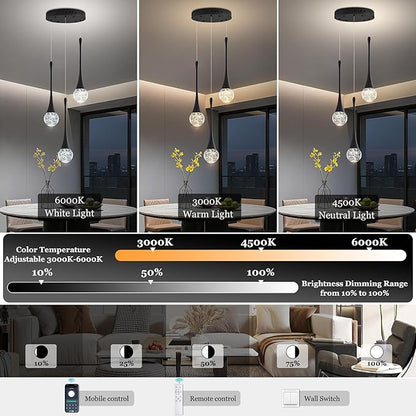 Modern Crystal Kitchen Island Chandelier 3-Lights Black, LED Dimmable Raindrop Indoor Lighting Fixture for Dining Room Foyer Entryway Remote Control
