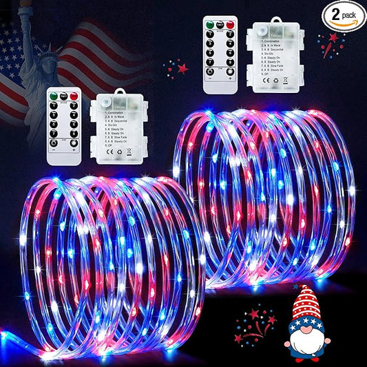 JMEXSUSS 2 Pack Red White and Blue Battery Operated Rope Lights Outdoor, 33ft 100 LED Battery Powered 4th of July Lights with Remote, 8 Modes Patriotic Rope Lights for Independence Memorial Day Decor