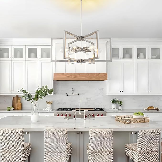 23.6”Brushed Nickel Chandelier for Dining Room 6 Light Kitchen Chandelier Modern Dining Room Light Fixtures Over Table, Hanging Pendant Light Fixture with Adjustable Height for Entryway, Foyer