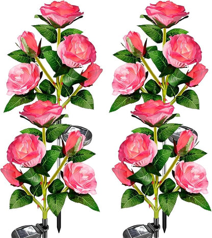 Anordsem Solar Garden Lights Outdoor: 20 Waterproof Fabric Roses 4 Pack - Pink LED Flower Decorations for Yard Patio Path Cemetery Grave - Birthday Gifts for Women Mom Wife