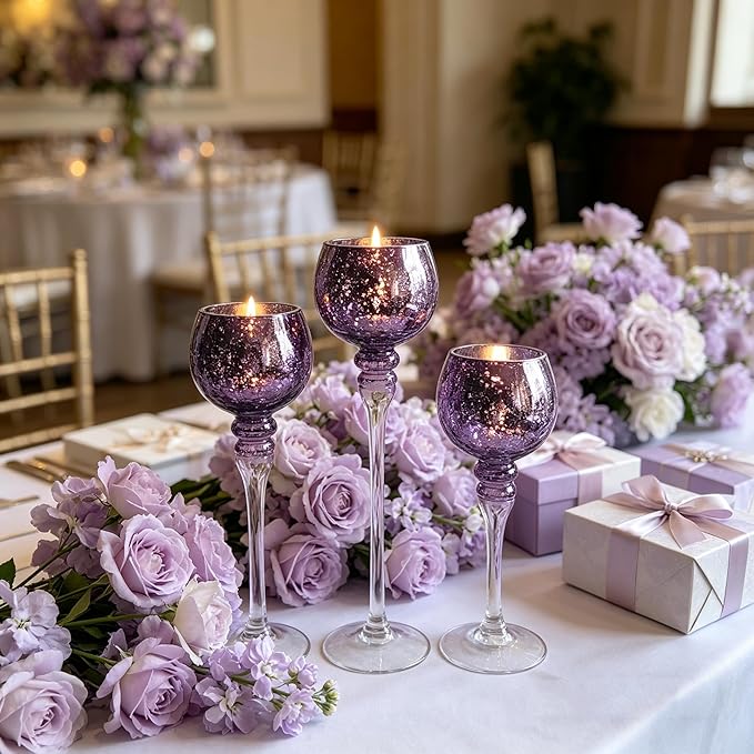 Hosley Set of 3 Crackle Purple Glass Tealight Holders 12 Inch, 10 Inch, 9 Inch Heights for Captivating Candlelight Ambiance Radiant Elegance
