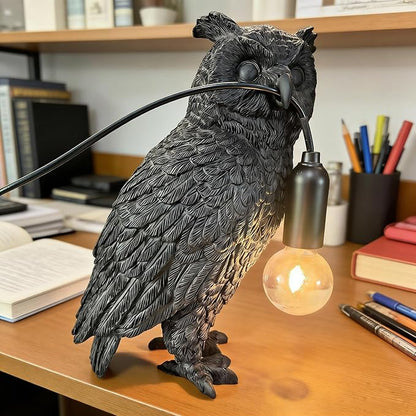 Resin Owl Table Lamp Themed Animal Desk Lamp Art Bird Night Light Lamp for Bedside,Living Room,Office Decor,AC 110V (Black Owl Lamp)