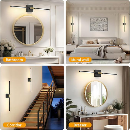Morauroral Battery Operated Wall Sconces Set of 2, Dimmable 3 Color Battery Wall Sconce with Remote, Black Gold LED Rechargeable Sconces, 24 Inch Modern Wireless Wall Lights for Bedroom, Living Room