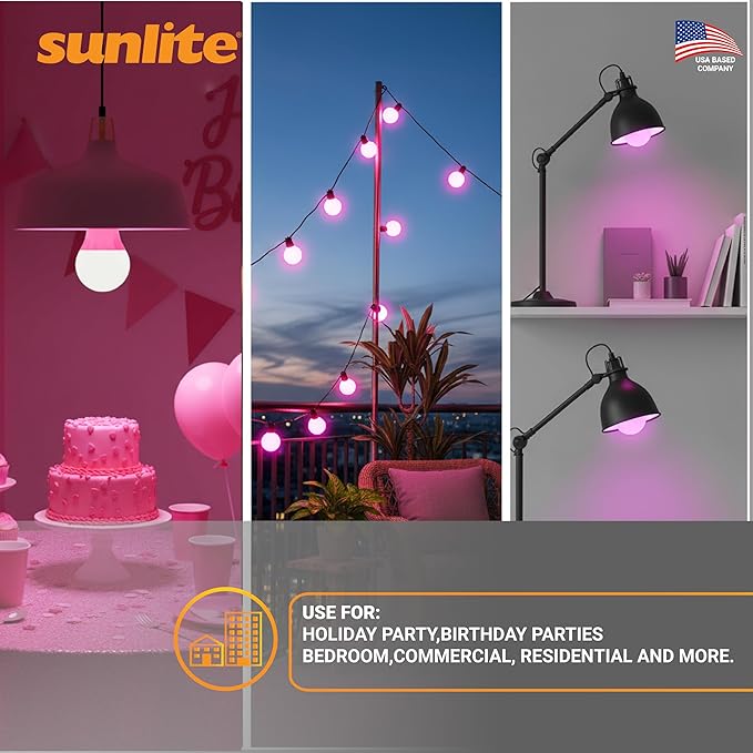 Sunlite 80168 LED A19 Colored Light Bulb, 3 Watts (25w Equivalent), E26 Medium Base, Non-Dimmable, UL Listed, Party Decoration, Holiday Lighting, 1 Count, Pink