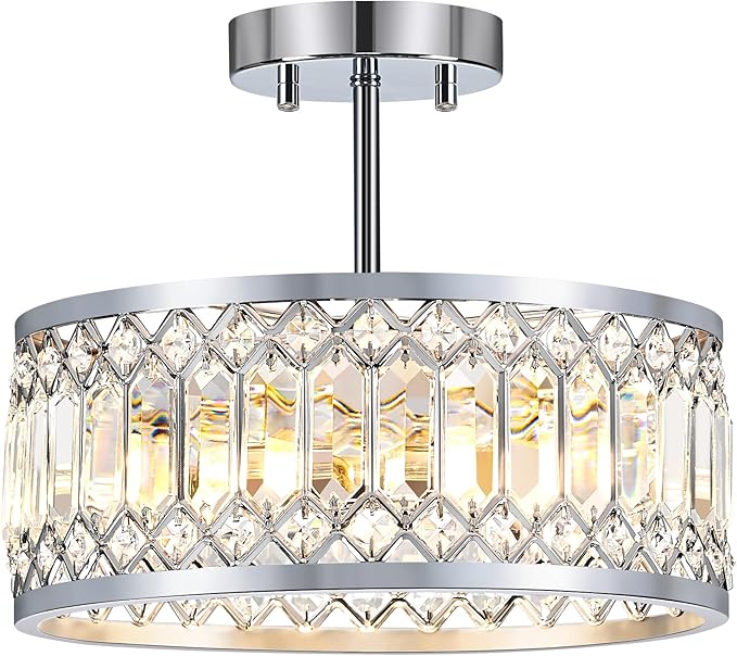 YURNYQ Crystal Ceiling Light Fixture, Modern Semi Flush Mount Ceiling Light, Chrome Lighting Ceiling Chandelier for Kitchen, Bedroom, Dining Room, Hallway, 3-Light, 12.2 Inch