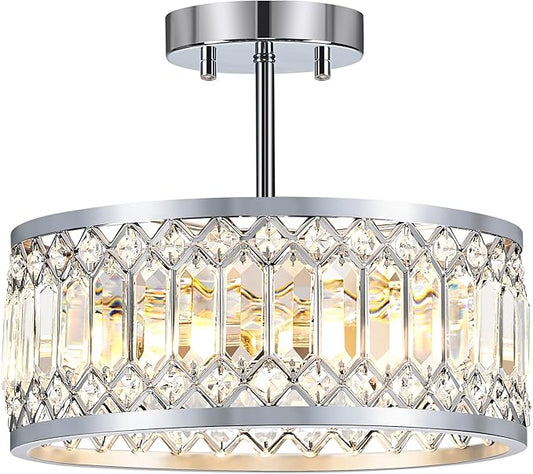 YURNYQ Crystal Ceiling Light Fixture, Modern Semi Flush Mount Ceiling Light, Chrome Lighting Ceiling Chandelier for Kitchen, Bedroom, Dining Room, Hallway, 3-Light, 12.2 Inch
